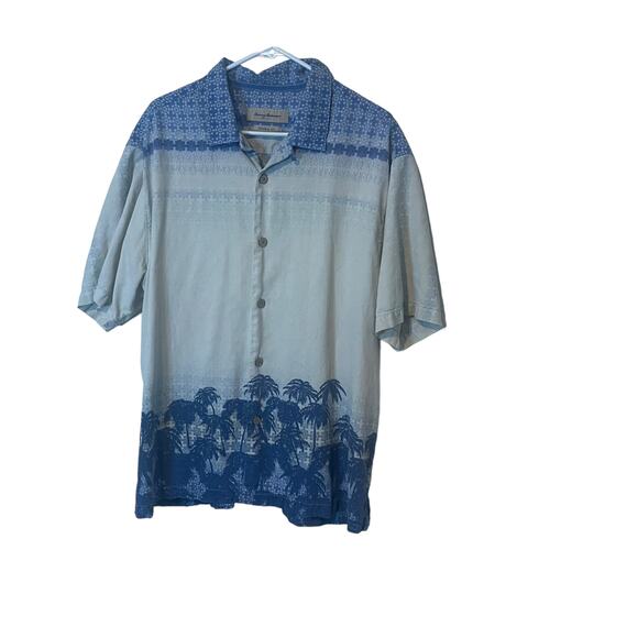 Tommy‎ Bahama Men's Size XL 100% Silk Palm Tree White Blue Button Up - Picture 1 of 9